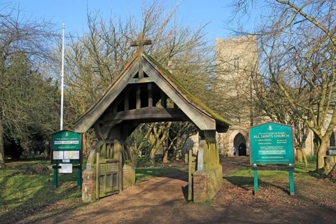 Lychgate entrance All Saints village church, Thorndon, Suffolk, England, UK