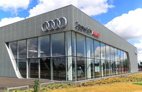 Audi logo sign car showroom building, Ipswich, Suffolk, England, UK