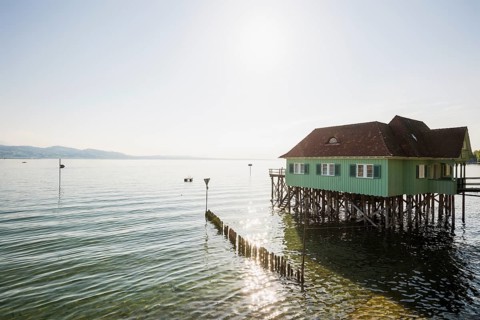 Aeschacher Bad, bathhouse, historic pile dwelling, Lindau, Lake Constance, Bavaria, Germany, Europe