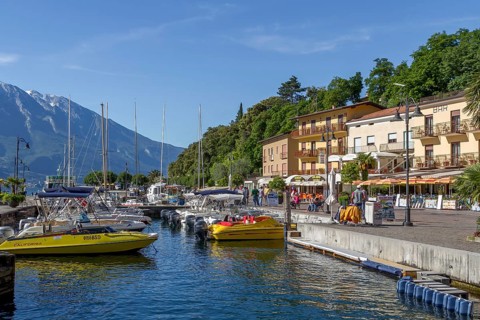Harbour and lakeside promenade, Limone sul Garda, Lake Garda, Lake Garda mountains, Province of