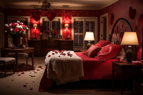 A cozy bedroom adorned with red and white heart-shaped balloons, rose petals, and candles creating