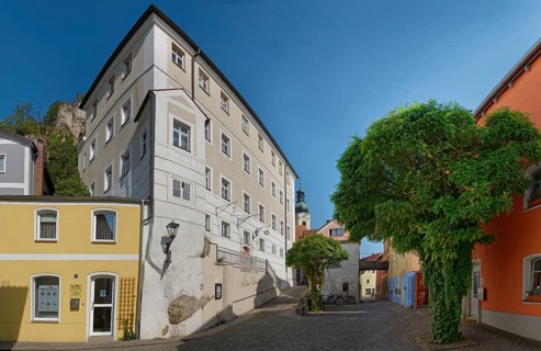 Building and cobbled path of Vils Gasse with lush tree providing shade, Kallmünz, Upper Palatinate,