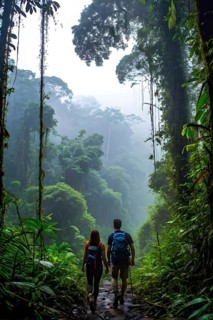 Adventurous couple hiking through dense amazon rainforest, AI generated