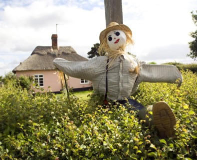 Scarecrow to advertise village garden open day event, Sutton, Suffolk, England, UK