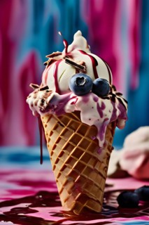 AI generated surreal food art blending a dripping ice cream cone morphing into digital bytes