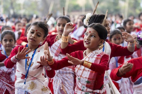 Children participate in a Bihu dance workshop, ahead of Rongali Bihu festival, in Guwahati, Assam,