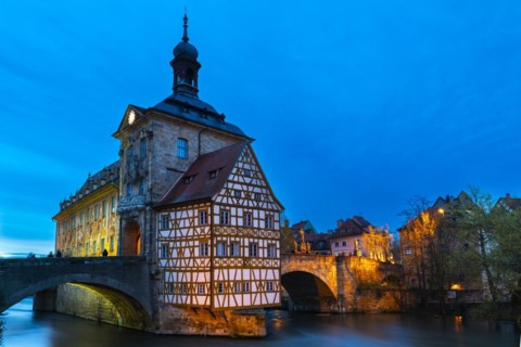 Upper Bridge, Old Town Hall, Regnitz, historic old town, Blue Hour, Bamberg, Lower Franconia,