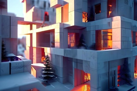 KI generated architectural structure melding computer aided design illustrations with genuine