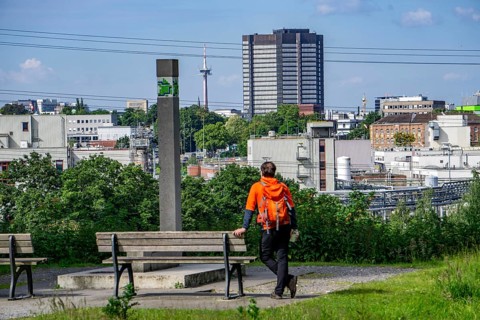 Essener Aussichten, one of 30 viewpoints of Essen, spread throughout the city, town hall, here from
