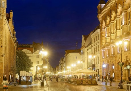 The medieval old town of Thorn illuminated in the evening. The historic city centre of Torun is a