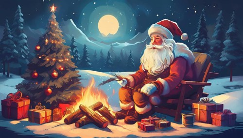 Illustration Father Christmas sitting by the campfire next to presents and Christmas tree in winter