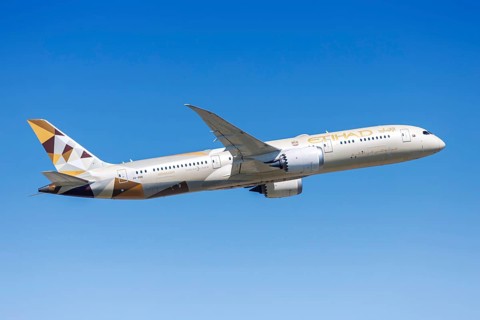 An Etihad Boeing 787-9 Dreamliner aircraft with the registration A6-BNB at Frankfurt Airport,