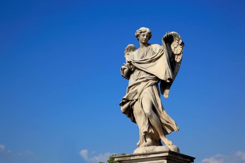 Statue of the angel with the sweat cloth on the Angels' Bridge over the Tiber, Rome, Italy, Europe