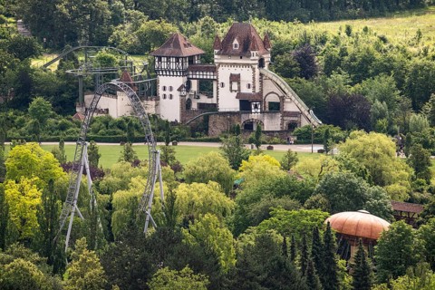 Castle, roller coaster, Tripsdrill amusement park, Cleebronn, Baden-Württemberg, Germany, Europe