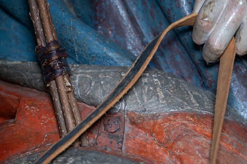 Inscription on the hem of Christ's cloak, detail of the palm tree, wooden figure from around 1470,