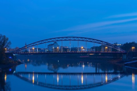 Star bridge at the blue hour, Elbe, Magdeburg, Saxony-Anhalt, Germany, Europe