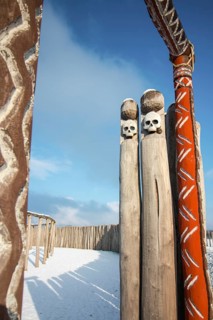 Wooden poles with skulls, Pömmelte ring sanctuary, prehistoric circular ditch complex, Pömmelte,