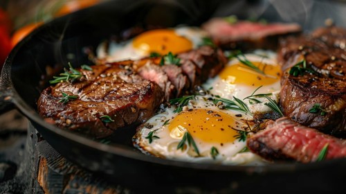 Cast iron pan with thick steak and eggs cooking. generative AI, AI generated