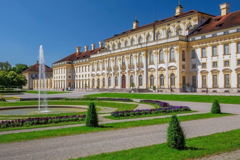 Garden parterre with fountain in front of the New Palace in the Schleissheim Palace complex,