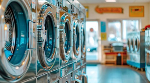 A row of silver washers and dryers are in a laundromat. Laundry place, AI generated