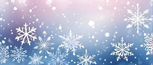 Abstract pattern of snowflakes in varying sizes and shapes in soft white and blue gradients, AI