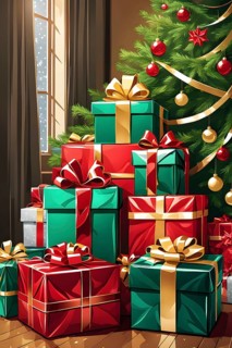 Abstract illustration of wrapped Christmas gifts, shiny ribbons and bows, stacked under a evergreen