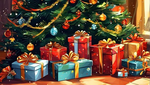 Abstract illustration of wrapped Christmas gifts, shiny ribbons and bows, stacked under a evergreen
