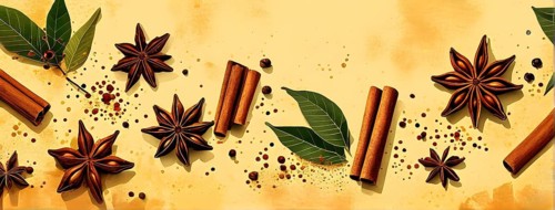 Abstract wallpaper illustration of Christmas spices like cinnamon sticks, star anise, and cloves,