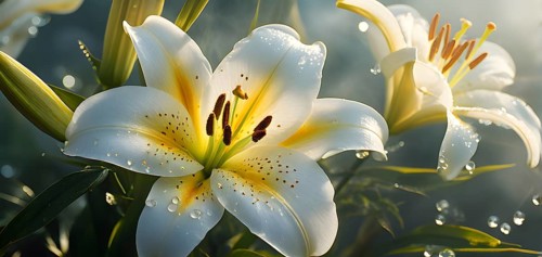 Blooming Easter lilies with soft white petals and a yellow center, bathed in gentle sunlight, AI
