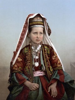 Young woman from Bethlehem in typical traditional costume, Holy Land, Historical, digitally
