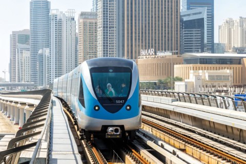 Dubai Metro public transport train at the Dubai Marina stop in Dubai, United Arab Emirates, Asia