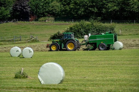 Hay harvest, farmer with agricultural machine, picks up mown hay, which is immediately pressed into