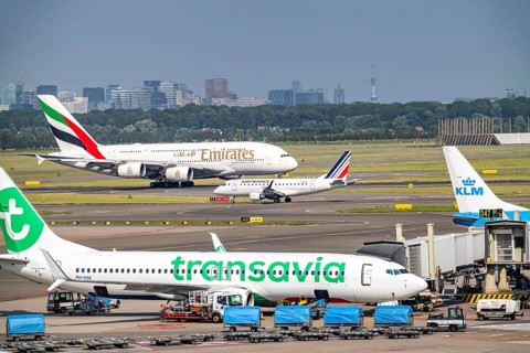 Amsterdam Schiphol Airport, Emirates Airbus A380 taking off on the Aalsmeerbaan runway, aircraft on