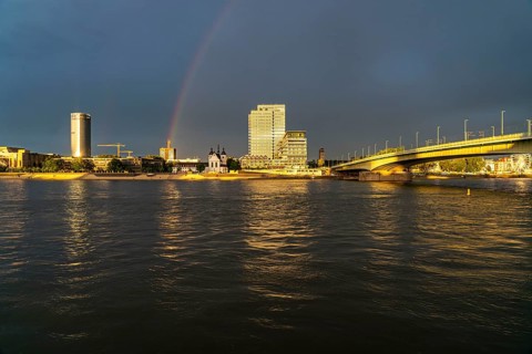 Kennedyufer in Cologne Deutz, on the Rhine, Old St Heribert Church, Lanxess Tower, administration