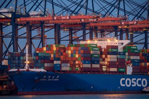Container ship of the shipping company Cosco Shipping, CSCL SATURN, being loaded and unloaded,