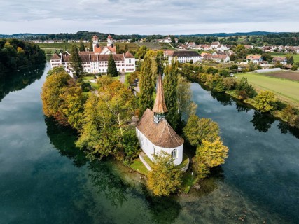 Aerial view of the former Benedictine abbey with the monastery church of St Mary and the pointed