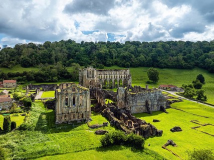 Rievaulx Abbey from a drone, North York Moors National Park, North Yorkshire, England, United