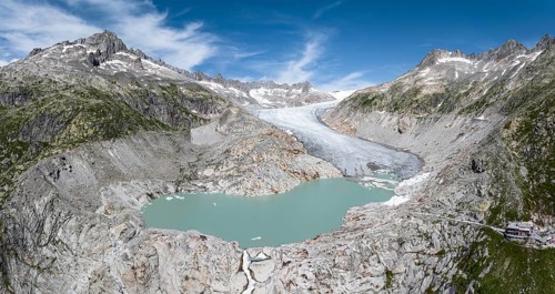 Rhone glacier, valley glacier in the headwaters of the Rhone in the Swiss Alps. Melting glacier,
