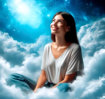 A happy young woman in love sits smiling on cloud 7, seven, and dreams, AI generated, AI generated