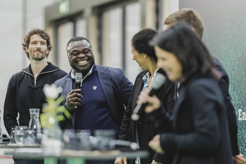 (L-R) Arne Friedrich, former professional football player, Gerald Asamoah, Steffi Jones, former