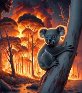 Climate change, global warming, bushfires, a koala in Australia sitting on a burning eucalyptus