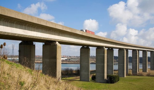 The Orwell Bridge opened in 1982 carries the A14 trunk road over the River Orwell, Ipswich,