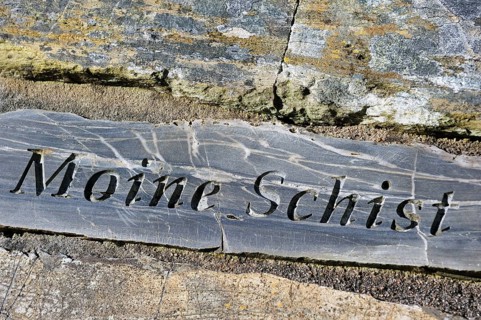 Moine schist rock fragment, part of the Knockan Puzzle at the Knockan Crag National Nature Reserve,