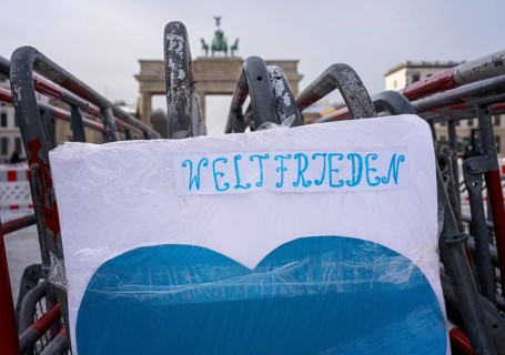 Demonstration, posters and barriers at the Brandenburg Gate, Berlin, Germany, Europe