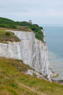 View of chalk cliffs with bushes and trees and a tower in the background and the sea below, White