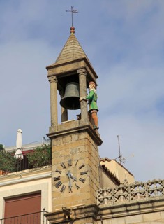 Bell tower Ayuntamiento town hall Abuelo Mayorga figure, Plasencia, Caceres province, Extremadura,