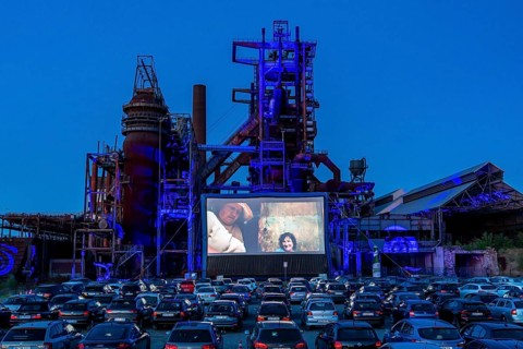 Drive-in cinema Dortmund, against the backdrop of the former blast furnace plant Phönix-West in