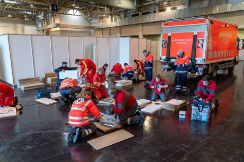 Construction of a vaccination centre for corona vaccinations, in a hall at Messe Essen, by the