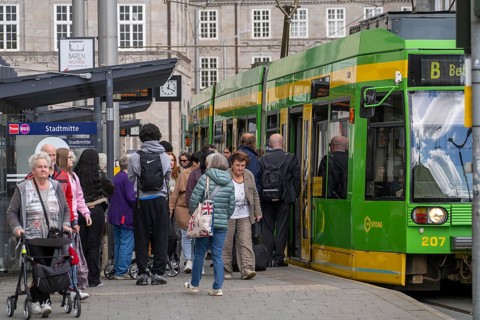 Bus and tram stop Mülheim city centre, at the town hall, Mülheim an der Ruhr, North