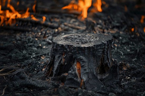Black burned tree stump in forest. Generative Ai, AI generated